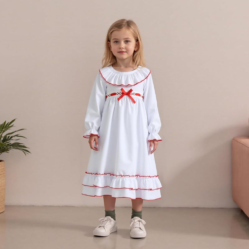 Multitrust Toddler Girls Christmas Nightgowns Pajamas Dress with Red Ribbon Bow Ruffle Long Princess Nightdress Pjs Dresses - Image 2